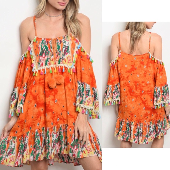 Orange Boho Cold Shoulder Dress - Picture 3 of 3